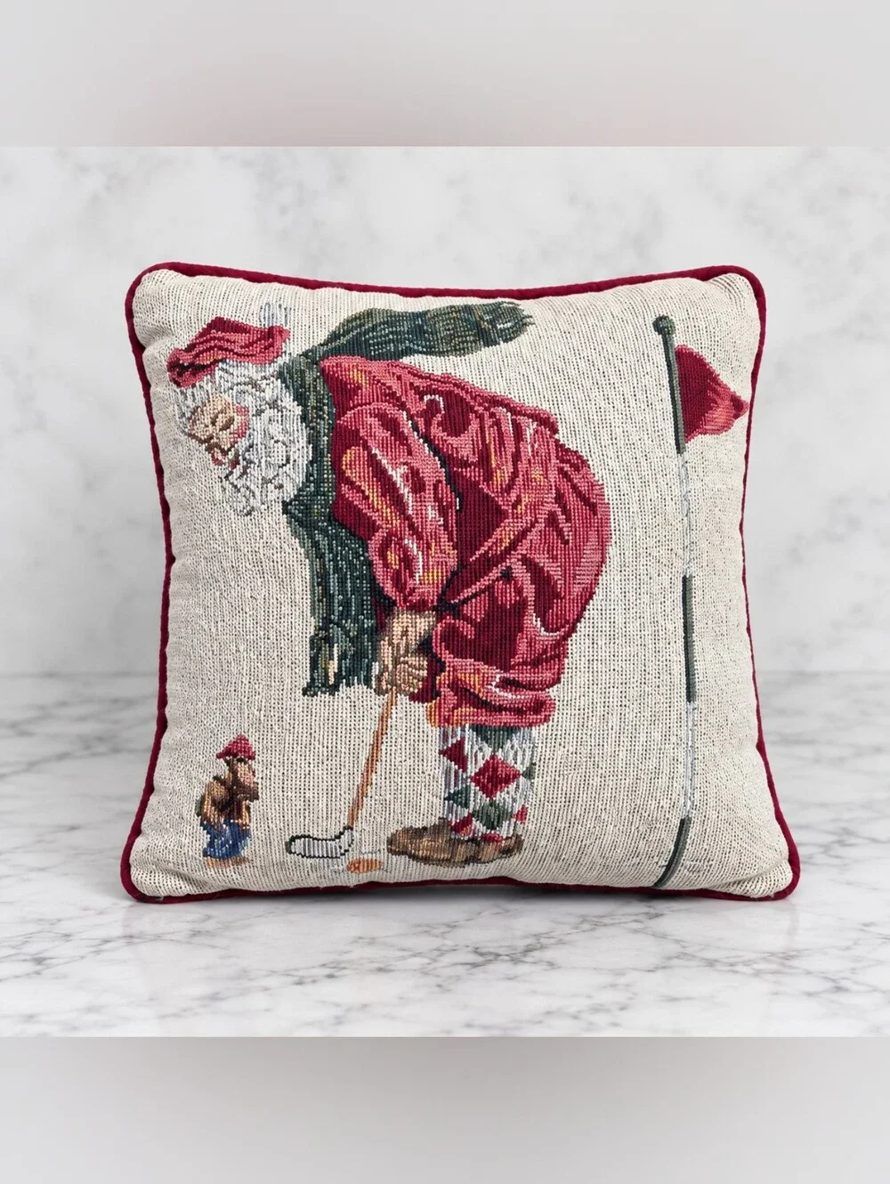 Vintage Santa Golfer Tapestry Pillow Christmas Golf Holiday Decor